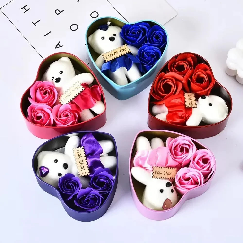 Heart Shaped Teddy Box With Eternal Roses