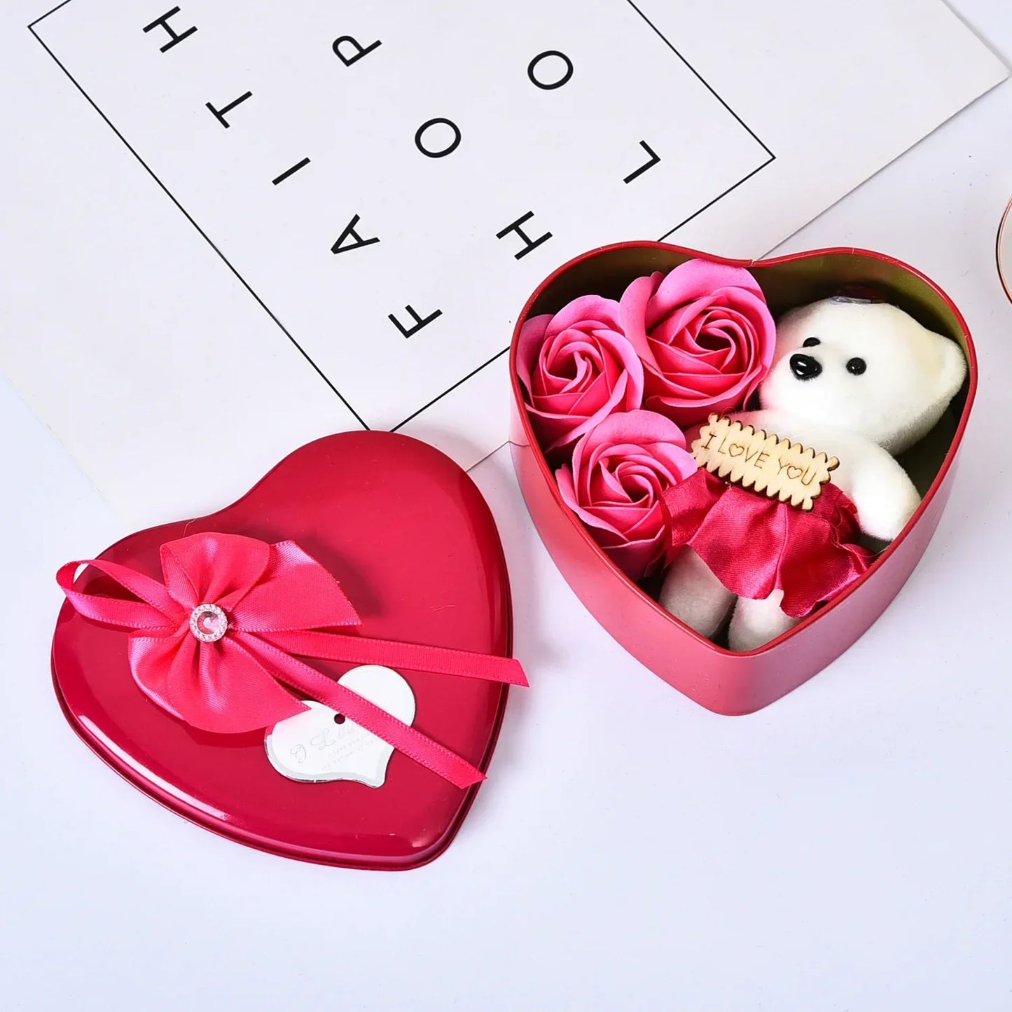 Heart Shaped Teddy Box With Eternal Roses