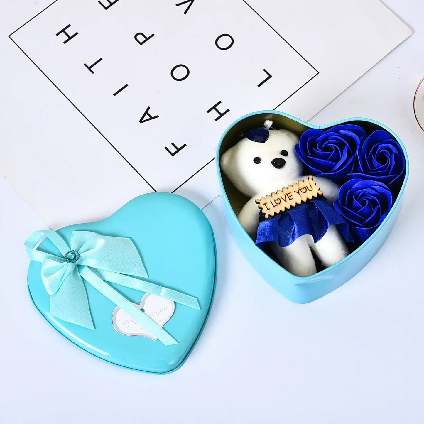 Heart Shaped Teddy Box With Eternal Roses