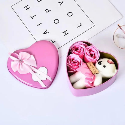 Heart Shaped Teddy Box With Eternal Roses