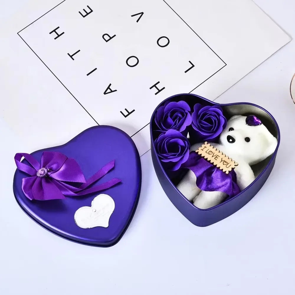 Heart Shaped Teddy Box With Eternal Roses